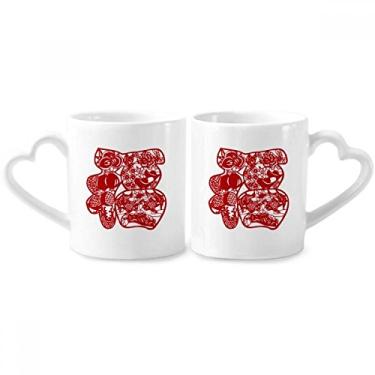 Imagem de Blessing Paper Cut Flower Bird Fish Couple Porcelain Mug Set Ceramic Lover Cup Heart Handle