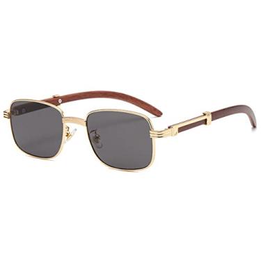 Imagem de Óculos de sol com armação de metal de grão de madeira quadrado vintage para mulheres moda lente clara elegante óculos de sol masculino hip hop, cinza dourado, com estojo