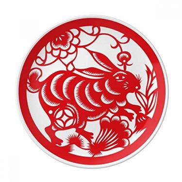 Imagem de Coelhos cortados em papel com tema de animal do zodíaco da China Prato decorativo de porcelana Salver talheres, Prato de jantar