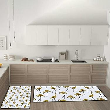 Imagem de Tapetes de cozinha com glitter dourado, flamingos, animais, antiderrapante, conjunto de 2 tapetes, tapete confortável antifadiga, para sala de jantar, lavanderia, escritório