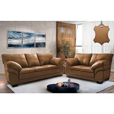 Imagem de Conjunto Sofá de Couro Legítimo 3 e 2 Lugares Cama Inbox Monterrey 2,10x1,60m Mel