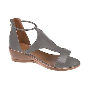 Imagem de Sandálias femininas de verão com zíper para o verão aberto sandálias de cor sólida plataforma sapatos femininos casuais bico anabela feminino, Cinza, 9