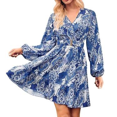 Imagem de UIFLQXX Vestidos de outono femininos casuais 2023 manga longa estampa floral vestido longo vestido maxi vestido boho verão, Azul, P