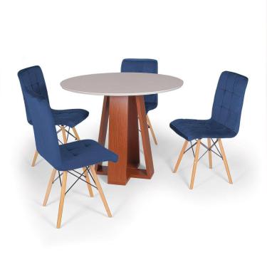 Imagem de Conjunto Mesa de Jantar Redonda Styllo Off White 100cm com 4 Cadeiras Gomos Veludo - Azul Marinho