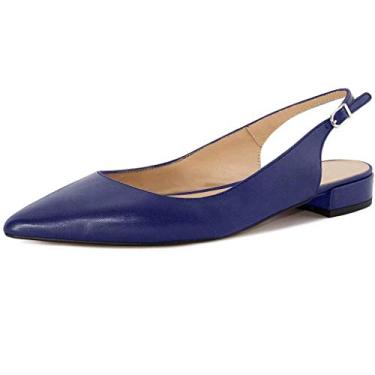 Imagem de Fericzot Sapatos femininos sensuais sandálias de bico fino salto baixo quadrado fivela Drees Flat Shoes Plus Size, Azul-PU, 9.5