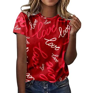 Imagem de Elogoog Camisas femininas para o dia dos namorados blusa sexy com contraste de cores plus size estampa de coração fofo amor tops de manga curta, E, M
