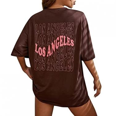 Imagem de Camiseta feminina grande de manga curta com letras Los Angeles California nas costas Meninas adolescentes Tops de verão Ajuste solto Folgado Camiseta feminina casual Blusa L55-Marrom Large