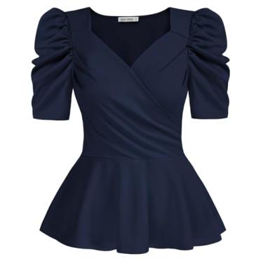 Imagem de GRACE KARIN 2024 Tops femininos de verão elegante peplum top envoltório gola V bufante manga curta blusas tops, Azul-marinho 1, M