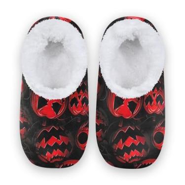 Imagem de CHIFIGNO Chinelos de neve para mulheres interiores, sapatos de casa masculinos, chinelos de quarto feminino M-XXL, Abóbora vermelha de Halloween 1, Large
