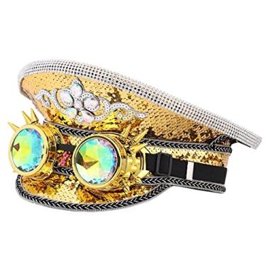 Imagem de GRACEART Women's Burning Man Sequin Hat Music Festival Military Captain Hats Steampunk Caps with Goggles