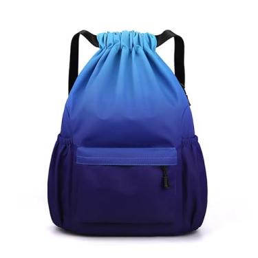 Imagem de Bolsa impermeável com cordão, mochila leve com suporte para garrafa de água e bolsos, mochila esportiva de ginástica, Azul, Large, Esportes