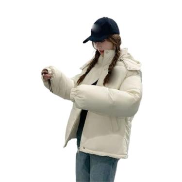 Imagem de JYHBHMZG Parkas Jaqueta feminina coreana outono inverno zíper grosso quente jaqueta feminina sólida com capuz, Branco, M