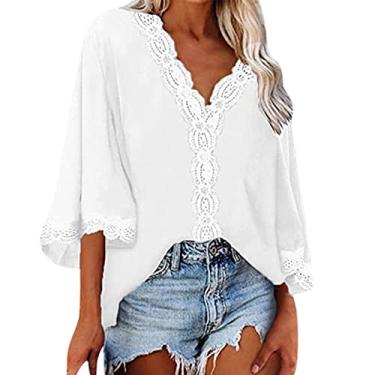 Imagem de Blusas femininas de malha de renda plus size manga curta elegantes blusas de algodão de verão camisas florais túnica de festa, Branco, P