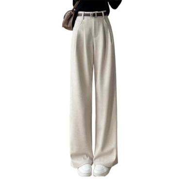 Imagem de Calça feminina casual de inverno cáqui feminina reta cintura alta grossa fina simples calça feminina de perna larga, Pelúcia cor creme, G