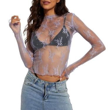 Imagem de Camisetas femininas de renda de malha transparente top sexy para sair verão plus size lindo bordado transparente blusa cropped floral, 005 Roxo, G