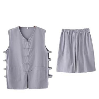 Imagem de Eesuei Conjunto de shorts de verão de algodão fino de linho de meia-idade estilo chinês sem mangas, camisa retrô, roupas masculinas, Colete cinza claro, M