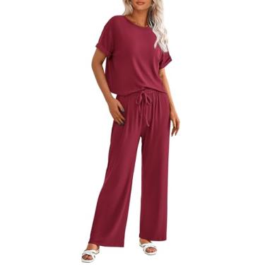 Imagem de PRETTYGARDEN Camiseta feminina de verão de 2 peças de malha de manga curta, calça de perna larga, roupa casual, Vinho tinto, XX-Large