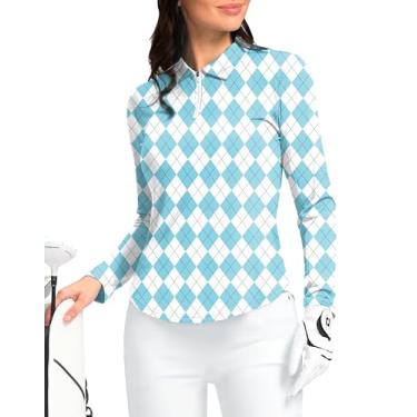 Imagem de Camisas polo femininas manga longa FPS 50+ camisas de proteção UV leves de secagem rápida camisas frescas para mulheres golfe trabalho ao ar livre, Xadrez azul, XXG
