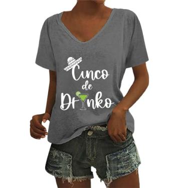 Imagem de Camisetas femininas de Mayo com estampas modernas, camisetas de manga curta, festas de verão mexicanas, Cinza - A, M