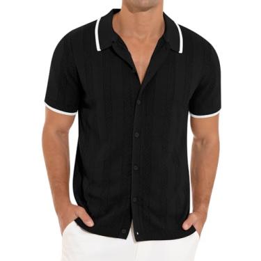 Imagem de RQP Camisa masculina casual de botão manga curta roupas vintage malha camisa polo verão praia camisas, Preto, M
