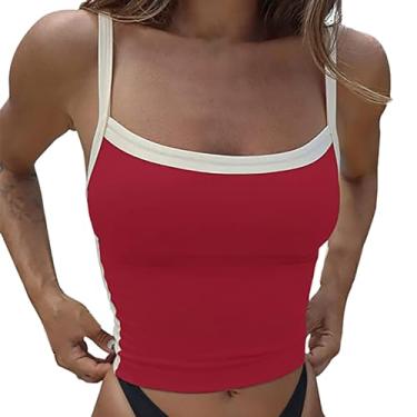 Imagem de Regata feminina de verão cropped color block sem mangas alças finas camiseta sexy para sair, Vermelho, G