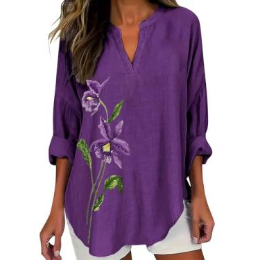 Imagem de Camisetas femininas de linho Alzheimer, blusa roxa com estampa floral, gola V, manga comprida, roupas de verão, D - amarelo, M