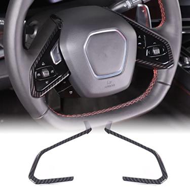 Imagem de Capa de botão de volante compatível com Chevrolet Corvette C8 2020-2023, acabamento da moldura do volante, adesivo de moldagem do quadro de proteção do painel do volante do carro (padrão de fibra de carbono ABS)