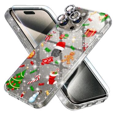 Imagem de Choiche Capa de Natal para iPhone 15 Pro, capa feminina fofa com glitter brilhante, [3 protetores de lente de câmera de diamante] [2 protetores de tela de vidro temperado] 6,1 polegadas (árvore de Natal com glitter)