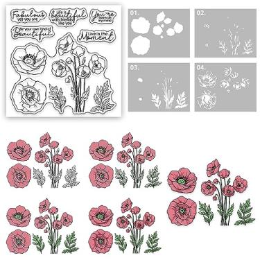 Imagem de Conjunto de carimbos transparentes de flores de papoula florescendo, moldes de corte de metal e estênceis de plástico com caixa de envelope para fazer cartões, materiais de scrapbook, carimbos de