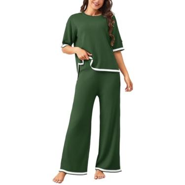 Imagem de HEEKPEK Conjunto feminino de 2 peças, conjunto de suéter de malha combinando com manga curta, calça de perna larga para viagem, Verde, G