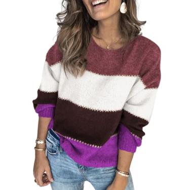 Imagem de LUBOSE Pulôver feminino de gola redonda, suéter feminino listrado solto, suéter pulôver feminino de malha listrada de manga longa (G, roxo)