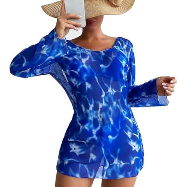 Imagem de Maiô feminino de 3 peças, gola redonda, manga comprida, costas nuas, tie dye, biquíni de praia com corte alto, Azul, M