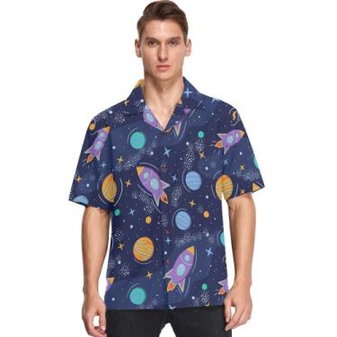 Imagem de visesunny Camisa masculina casual de botão manga curta havaiana Space Planet Rocket Aloha, Multicolorido, G