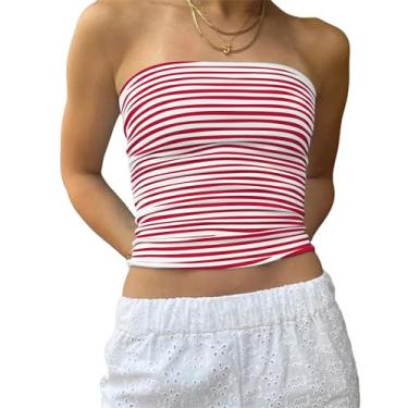 Imagem de AKLOPVII Top feminino Y2K listrado costas nuas crop regata bandeau tomara que saia camisetas verão roupas espartilho, Vermelho e branco., M