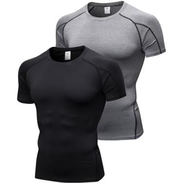 Imagem de SPVISE Pacote com 2 ou 4 camisetas masculinas de compressão de manga curta e secagem fresca para academia esportiva, Pacote com 2 nº, preto + cinza, M