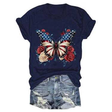 Imagem de Camiseta feminina PKDong de 4 de julho com estampa de flores de borboleta, estampa da bandeira americana, manga curta, camisetas patrióticas femininas, Azul escuro, M