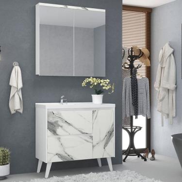 Imagem de Gabinete de Banheiro 90cm com Lavatório e Armário Ref 910 Branco/Thassos