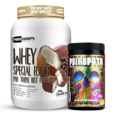 Imagem de Whey Protein 840g - 21g Proteína - Zero Açúcar + Pré Treino Psikopata Beta Tangerina 300g - Pro Corps (840g, Chocolate com Coco)
