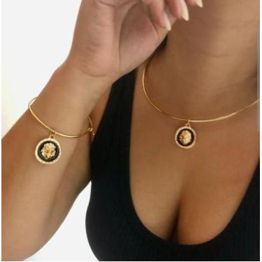 Imagem de Kit Conjunto Colar e Pulseira Feminino Elo Aro Liso com Pingente Medal