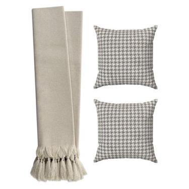 Imagem de Kit 2 Capas De Almofadas 45x45 Bege Cru + Manta Para Sofá Luxo - Tmdec
