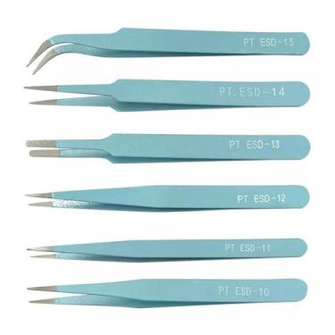 Imagem de KIT 6 Pinças Anti Estática Artesanato Eletrônica Estética Azul - ARTMA