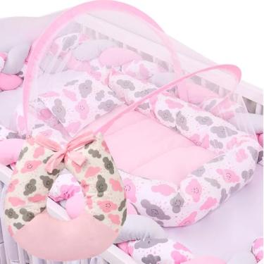 Imagem de Ninho Redutor de Berço Light Com Mosquiteiro e Apoio Amamentar Nuvem Rosa