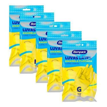 Imagem de Luva Látex Limpeza Pesada Multiuso Flocada P M G - 5 Pares - Bompack, 