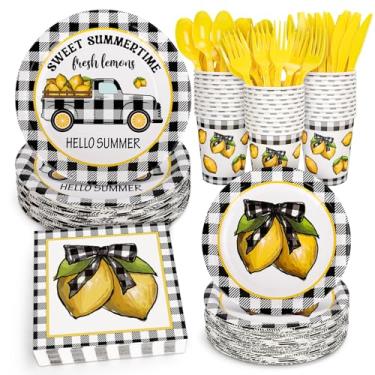 Imagem de AnyDesign O conjunto de utensílios de mesa de limão de verão com 175 peças inclui prato de papel descartável xadrez de limão aquarela, guardanapo, copo, faca amarela, garfo, colher para suprimentos de