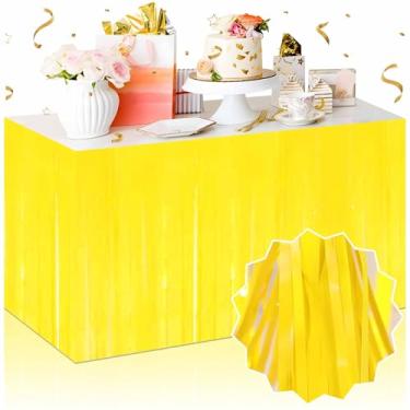 Imagem de Pacote com 3 saias de mesa com franja amarela macaron flâmulas metálicas para decoração de festa de Halloween (73 x 272 cm)