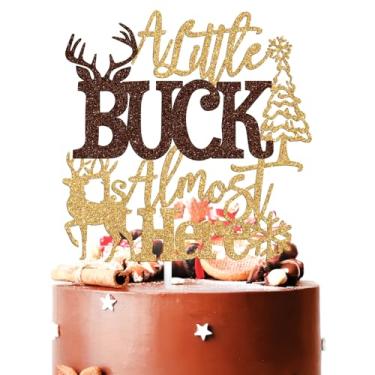 Imagem de A Little Buck is Almost Here Cake Topper, Oh Deer Baby Shower Happy 1st Birthday Decorations, Deer Doe Pregnancy Gender Reveal Themed Party Supplies for Baby Girl Boy, Gold Glitter