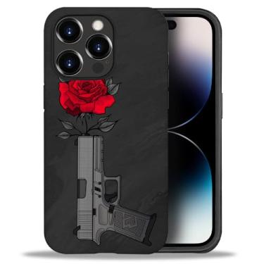 Imagem de yicomon Capa compatível com iPhone 14 Pro, estampa de rosa na arma, capa de telefone fosca, durável, moderna, engraçada, capa protetora macia antiarranhões à prova de choque