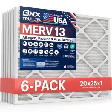 Imagem de BNX MERV 13 Filtro de ar 20x25x1, pacote com 6 – Feito nos EUA – Filtro de ar condicionado plissado eletrostático HVAC AC – Remove pólen, mofo, bactérias