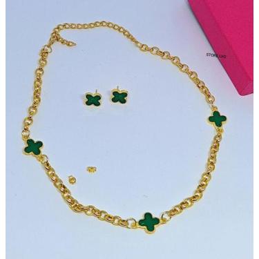 Imagem de Kit Colar e Brincos com Pingente Flor trevo Verde Esmeralda Corrente E