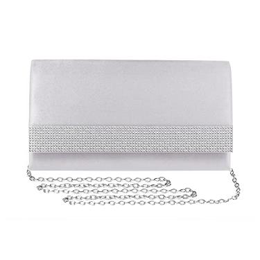 Imagem de Mulian LilY Bolsa de mão feminina de cetim com strass para noite, Prata, 9.2"W x 5.3"H x 2.2"D